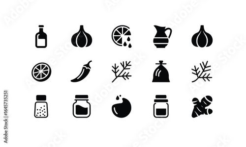 Black and white icons of various cooking ingredients and condiments, including garlic, lemon, chili pepper, spices, and ginger, on a white background.

