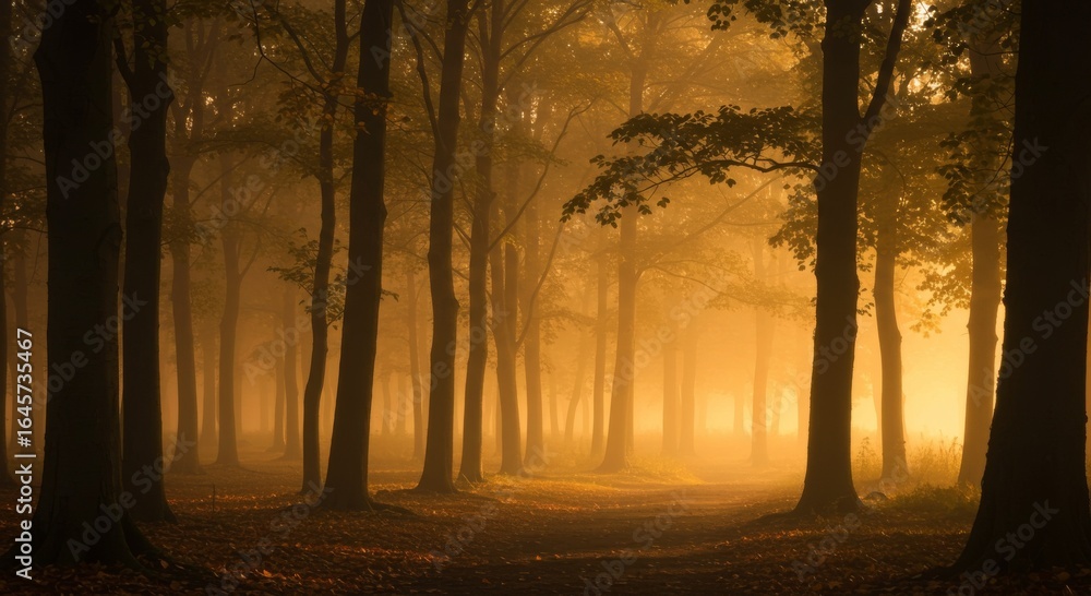 Fototapeta premium Golden Sunlight Through Misty Forest at Dawn