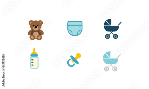 Set of six flat vector baby icons, including a teddy bear, a diaper, a bottle, a pacifier, and two different strollers on a white background.

