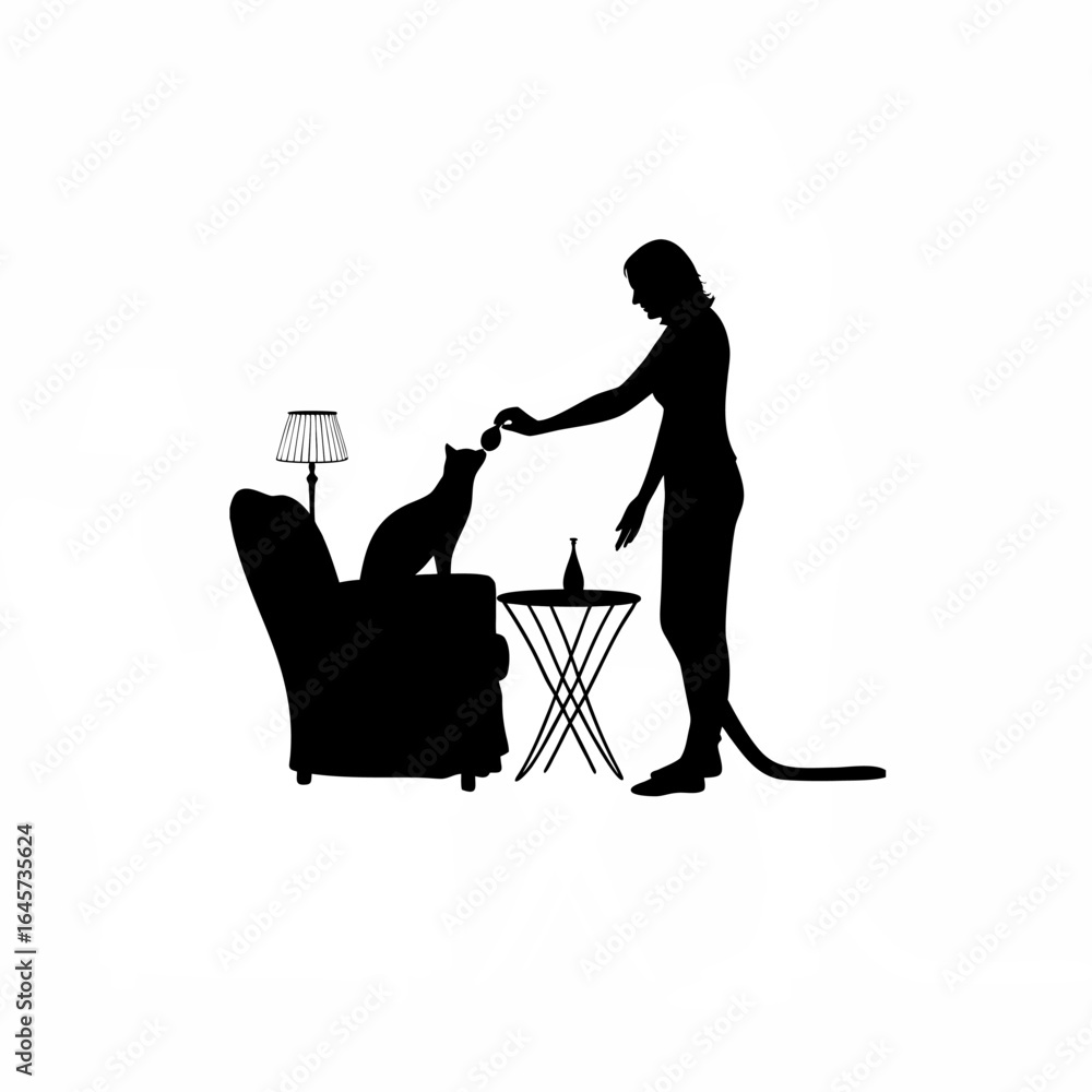 Fototapeta premium Pet owner gently feeding her tabby cat from hand silhouette isolated on white background