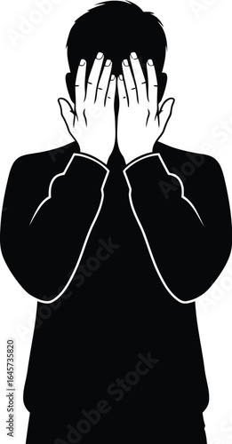 Silhouette of a man covering his face with his hands, conveying a sense of shame, embarrassment, or despair in a minimalist style