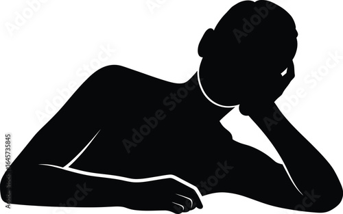 Silhouette of a woman resting her head on her hand, conveying a sense of contemplation, sadness, or boredom in a simple and graphic style.