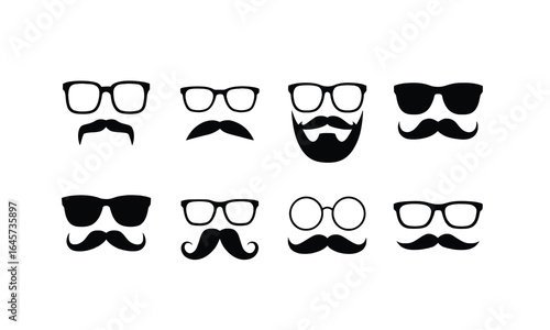Set of black vector icons featuring various glasses, moustaches, and a beard, representing a classic hipster or gentleman look.

