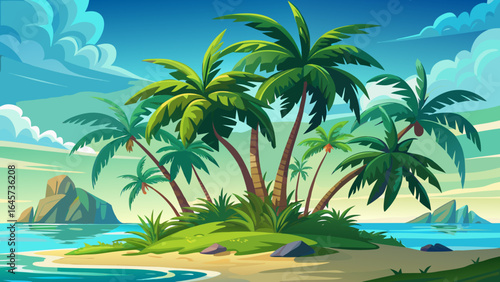 Palm trees flourishing on pristine tropical island, verdant fronds against transparent backdrop suggesting serene paradise landscape