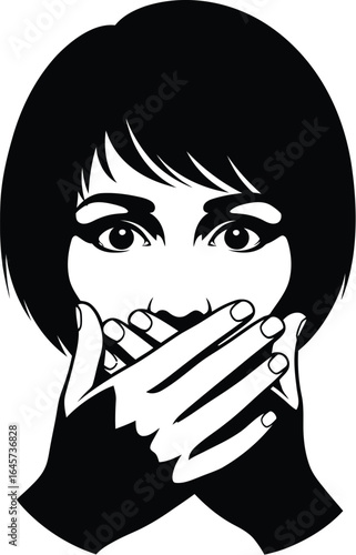 Silhouette of a woman with her hands over her mouth, symbolizing silence or keeping a secret