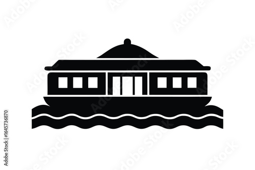black houseboat on water, simple design clip art preview