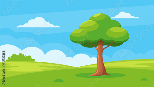 Cartoon Bright Grassy Plain with Lone Tree Nature Landscape Illustration