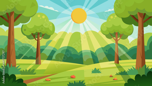 Cartoon Woodland Meadow with Sunbeams Nature Landscape Illustration