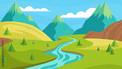 Cartoon Valley with Meandering River Nature Landscape Illustration