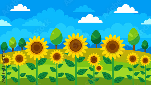 Cartoon Field with Sunflowers Blue Sky Nature Landscape Illustration