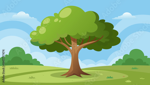 Cartoon Big Shady Tree in Grassy Park Nature Landscape Illustration