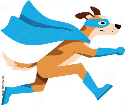 Superhero dog running with blue cape and mask cartoon vector illustration 