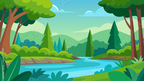 Cartoon Riverside Forest with Green Plants Nature Landscape Illustration