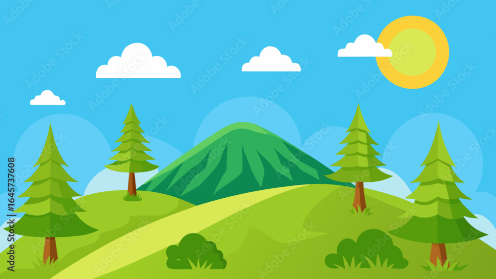 Obraz premium Cartoon Pine Covered Hill Sunny Blue Sky Nature Landscape Illustration