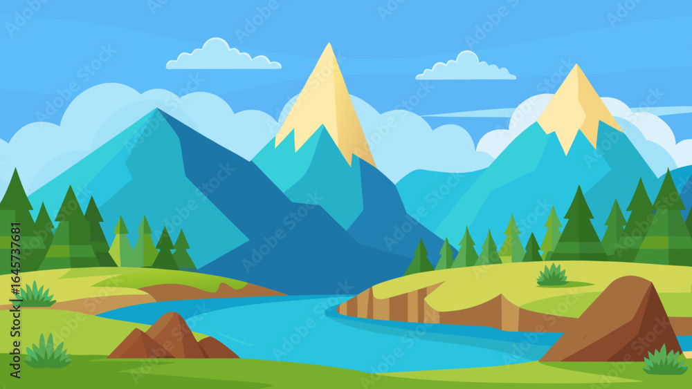 Naklejka premium Cartoon Peaceful Valley with Mountains Nature Landscape Illustration