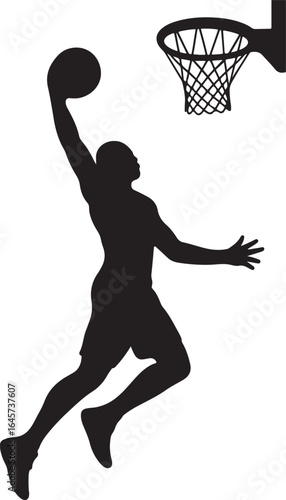 Silhouette of a basketball player dunking a basketball with a hoop