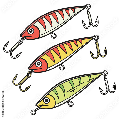 Premium vector set of brightly colored fishing lures and baits, ideal for tackle shop promotions, fishing blogs, or product packaging. Includes realistic details and scalable format.