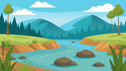 Cartoon Riverside with Wild Grass Rocks Nature Landscape Illustration