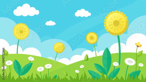 Cartoon Bright Meadow with Dandelions Clouds Nature Landscape Illustration