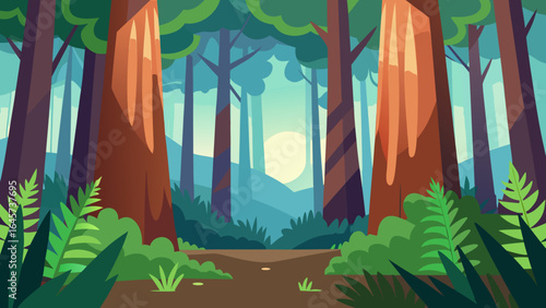Cartoon Shady Forest with Ferns Tall Trunks Nature Landscape Illustration