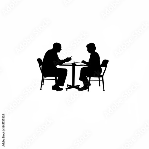 Senior couple sitting at a kitchen table discussing silhouette isolated on white background