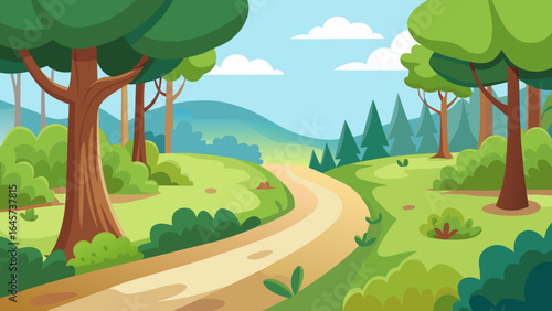 Adventurous Cartoon Nature Trail Through Forest with Green Shrubs
