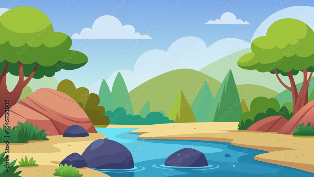 Obraz premium Charming Cartoon Riverside with Rocks Bushes and a Distant Forest