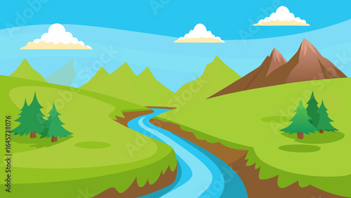 Picturesque Cartoon Valley with River Running Through Grassy Plain