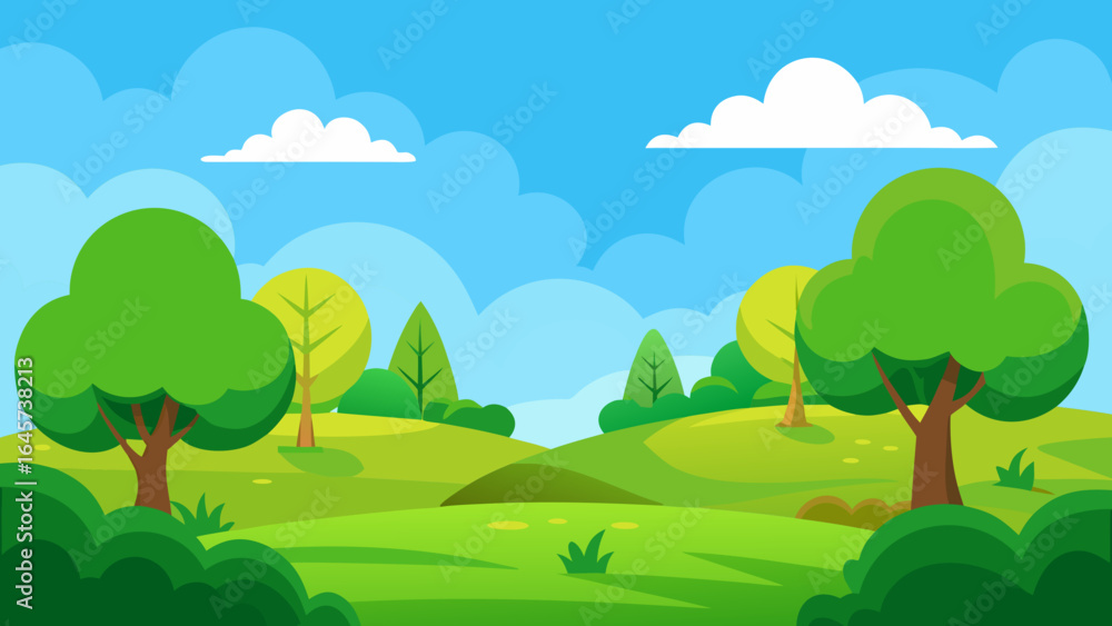 Obraz premium Bright Cartoon Green Field with Bushes and Trees Under Blue Sky