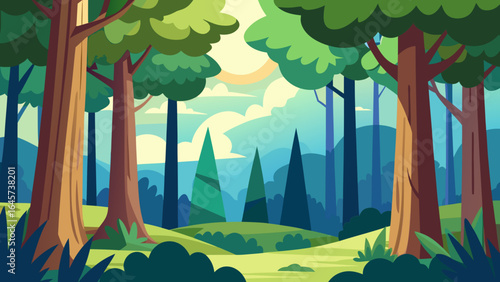 Mysterious Cartoon Dense Woodland with Tree Trunks and Thick Foliage