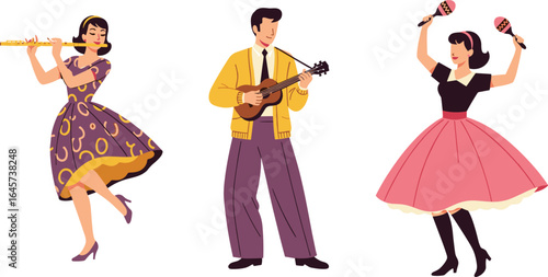 Retro musicians performing, vintage fashion, dancing with instruments, man playing guitar, women with flute and maracas, joyful music illustration