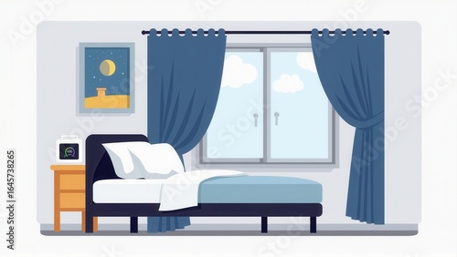 Calm cartoon bedroom scene with bed, window, blue curtains, nightstand and framed art displayed.