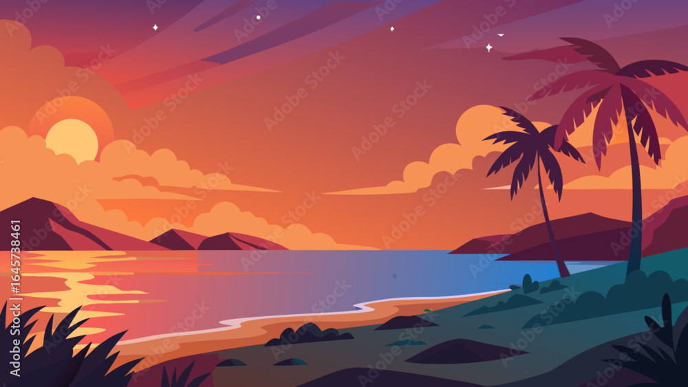 Fototapeta premium Beautiful Warm Tropical Evening Sky Over Serene Coastline