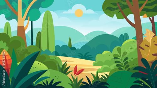 Adventurous Cartoon Jungle Scene with Dense Foliage and Tropical Plants