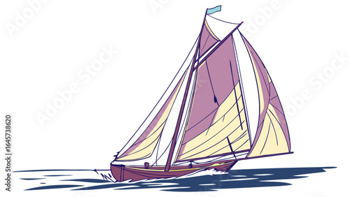 Illustration of a Sailing Boat with Purple and Yellow Sails on Water.