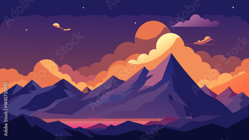 Radiant Evening Clouds Glowing Over Majestic Mountain Peaks and Serene Sky