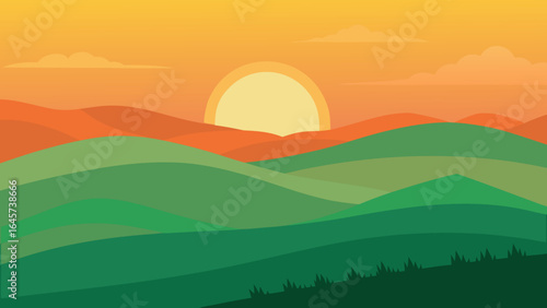 Atmospheric Hazy Orange Sunset Over Rolling Green Hills and Calm Landscape