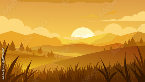 Rich Golden Tones Over Grassy Meadow at Sunset with Peaceful Horizon