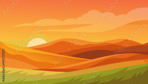 Beautiful Warm Orange Sky Over Rolling Grassy Hills and Serene Landscape