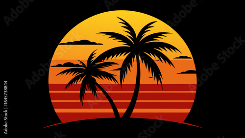 Picturesque Palm Fringed Tropical Sunset Silhouette and Vibrant Evening Sky