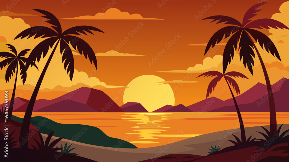Fototapeta premium Palm Lined Tropical Bay at Golden Sunset a Beautiful Coastal View