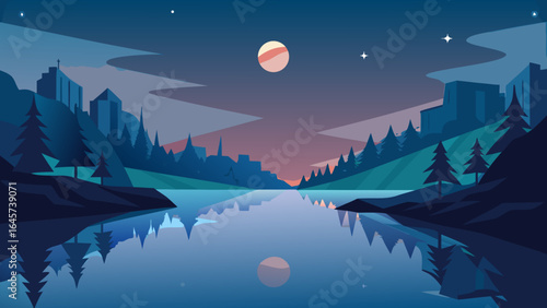 Evening Reflection in Calm River Water a Serene Twilight Scene