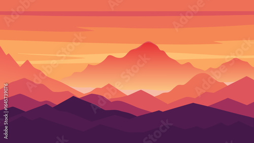 Orange and Pink Sunset Sky over Majestic Mountains and Hills