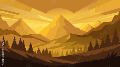Golden Light over Mountains and a Lush Forested Valley Scene