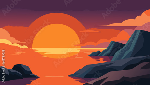 Sunset over Rocky Shore with Orange Ocean Glow a Coastal Scene