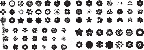 Flower icons, simple vector style, monochrome black on white background, 20 different shapes and sizes, simple flat design, high contrast