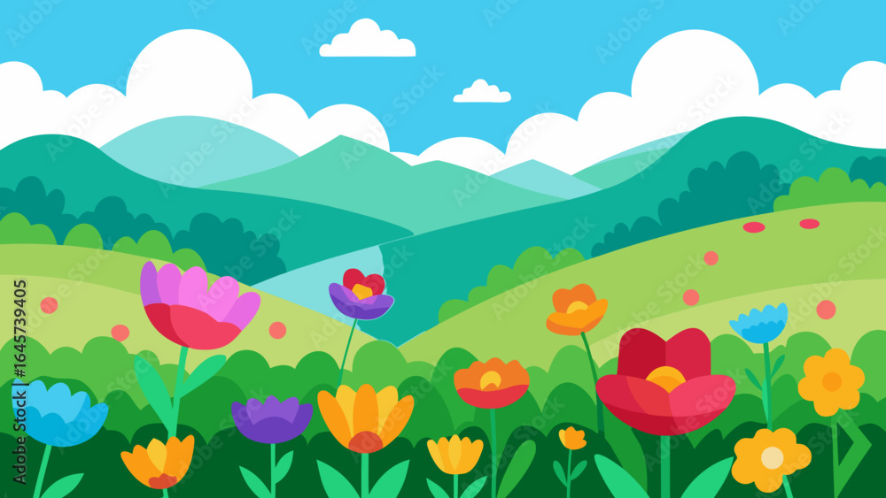 Fototapeta premium Field of Colorful Flowers in Foreground with Green Hills Beyond