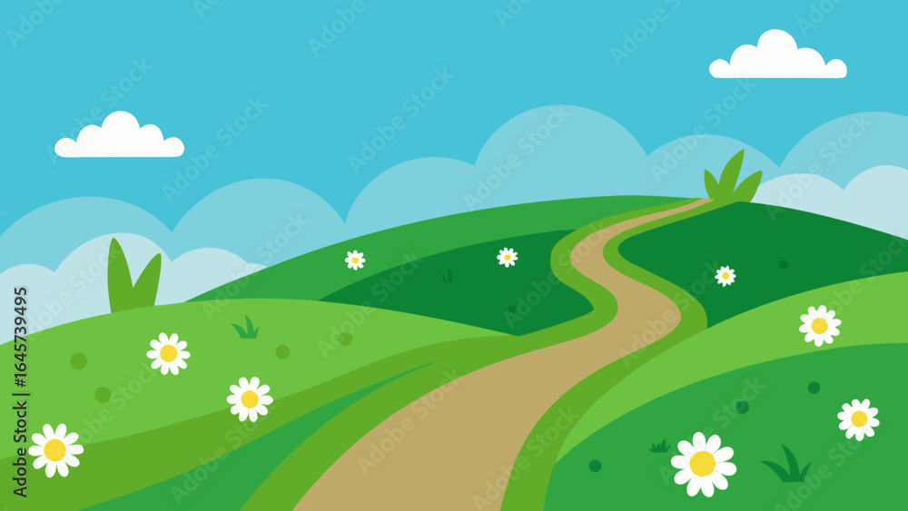 Fototapeta premium Green Grassy Hill with Daisy Flowers in Foreground a Spring Scene