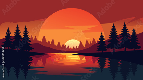 Warm Sunset over Reflective Lake with Pine Trees in Silhouette