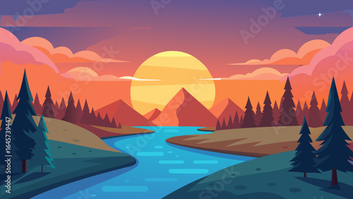 Cartoon Scene of Sunset over River surrounded by Pine Trees